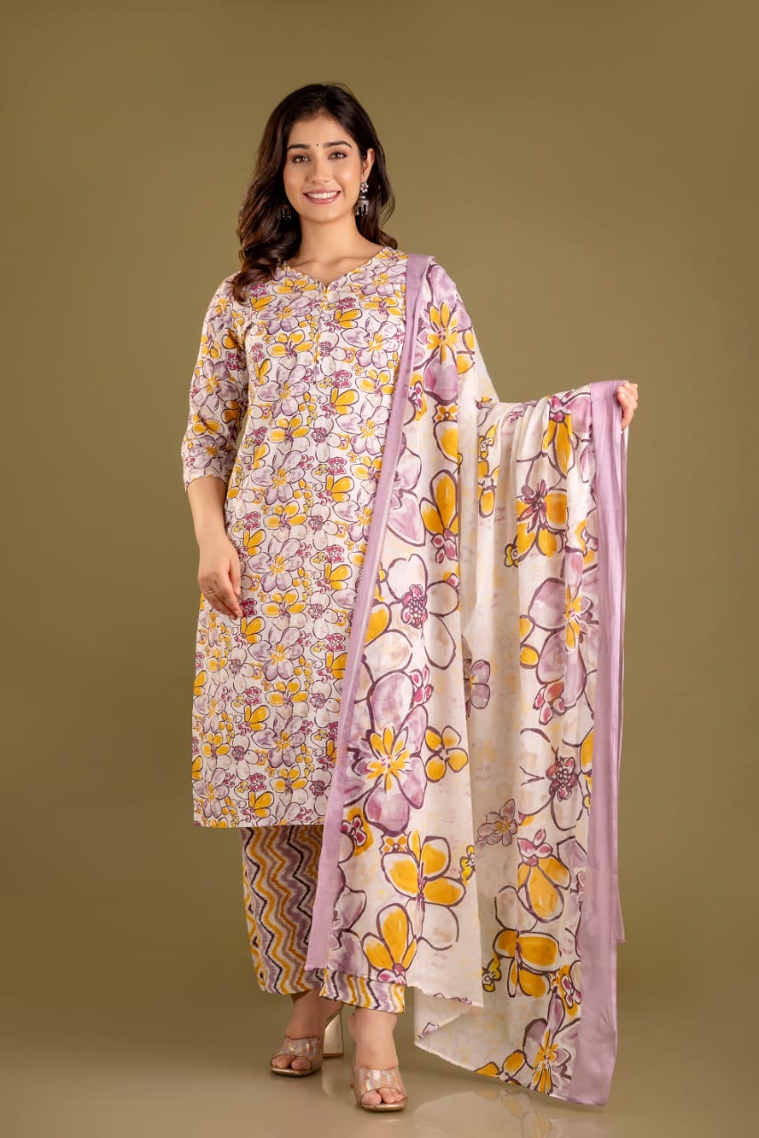 Blue Blossom 3-Piece Pure Cotton Jaipuri Kurti Set
