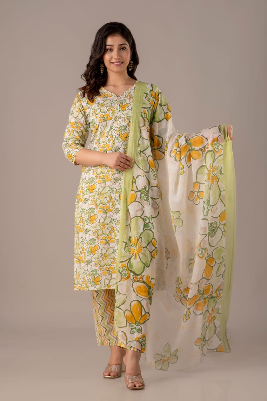 Blue Blossom 3-Piece Pure Cotton Jaipuri Kurti Set
