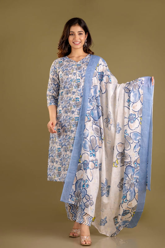 Blue Blossom 3-Piece Pure Cotton Jaipuri Kurti Set