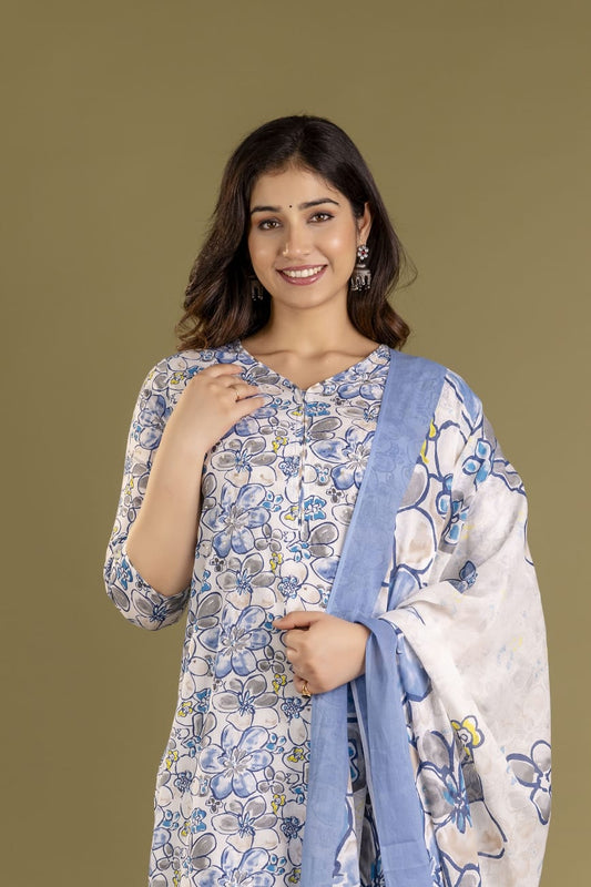 Blue Blossom 3-Piece Pure Cotton Jaipuri Kurti Set