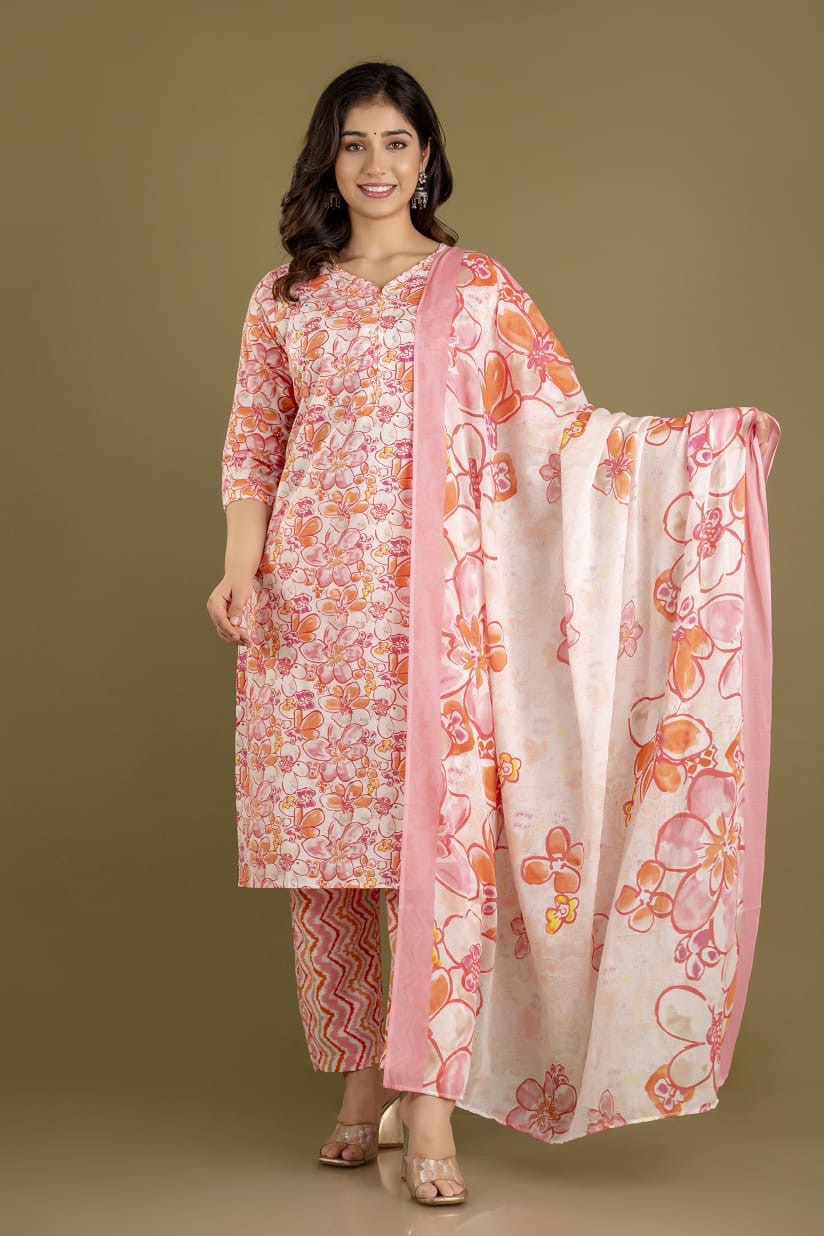 Blue Blossom 3-Piece Pure Cotton Jaipuri Kurti Set