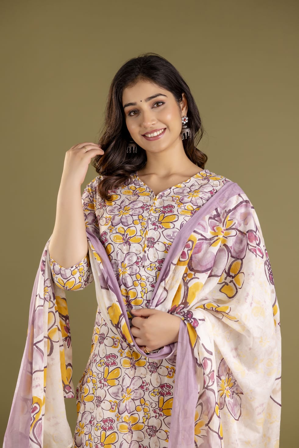 Blue Blossom 3-Piece Pure Cotton Jaipuri Kurti Set