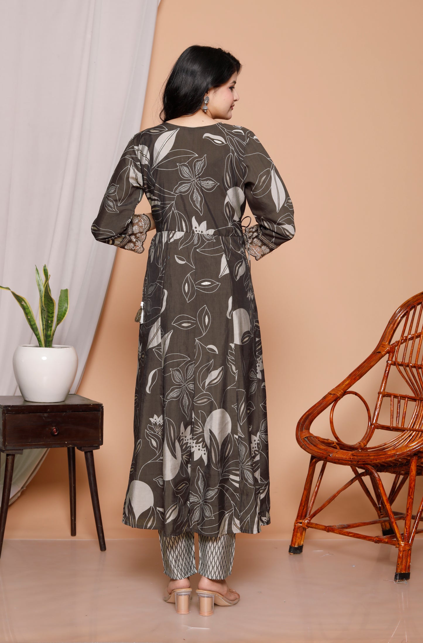 Charcoal Charm 3-Piece Jaipuri Cotton Anarkali Kurti Set