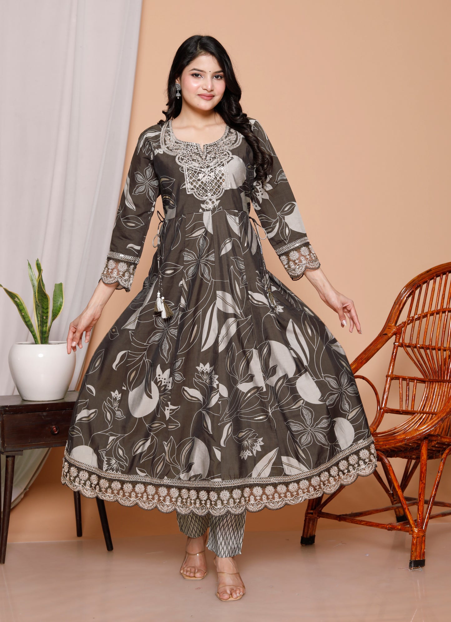 Charcoal Charm 3-Piece Jaipuri Cotton Anarkali Kurti Set