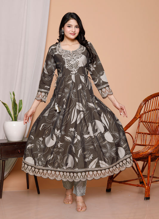 Charcoal Charm 3-Piece Jaipuri Cotton Anarkali Kurti Set