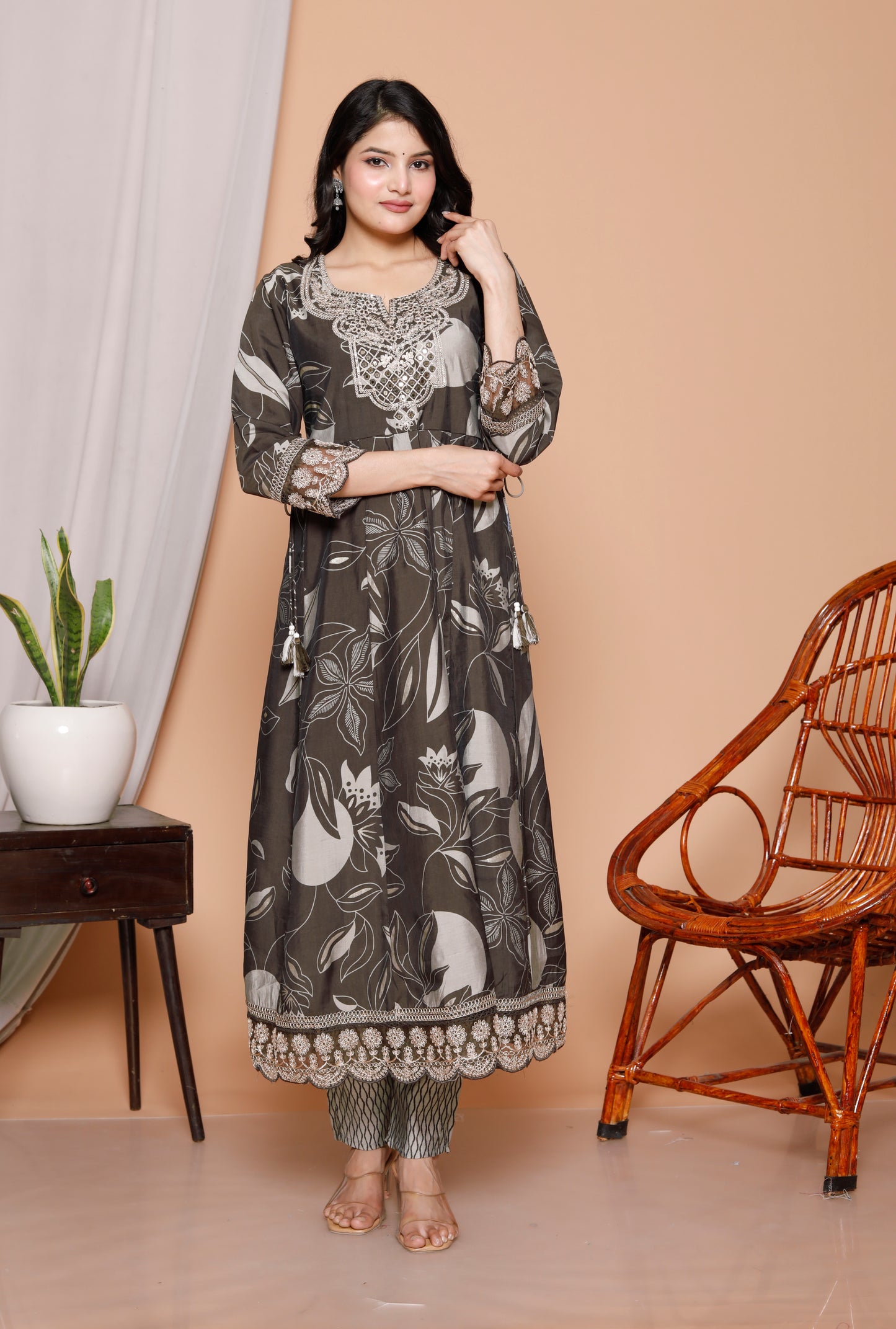Charcoal Charm 3-Piece Jaipuri Cotton Anarkali Kurti Set