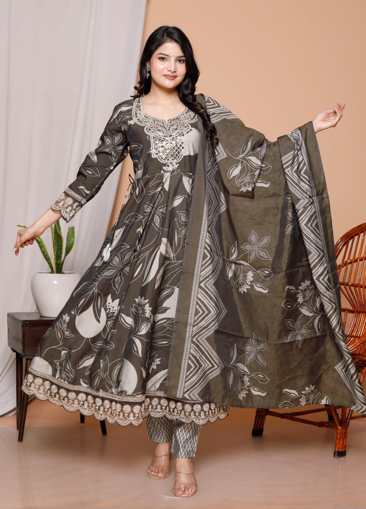 Charcoal Charm 3-Piece Jaipuri Cotton Anarkali Kurti Set