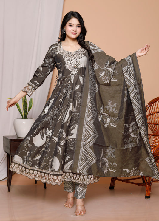 Charcoal Charm 3-Piece Jaipuri Cotton Anarkali Kurti Set