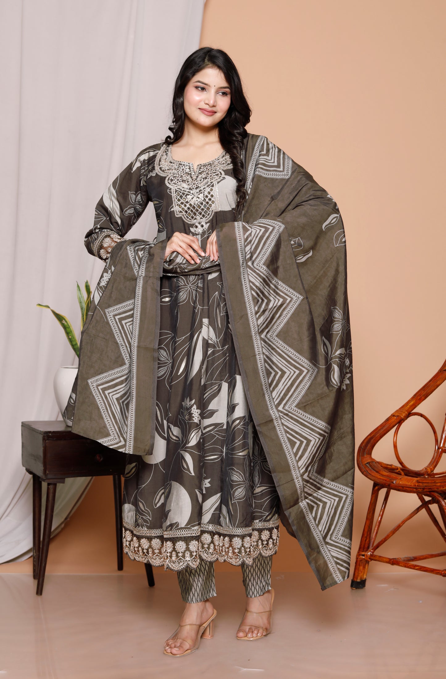 Charcoal Charm 3-Piece Jaipuri Cotton Anarkali Kurti Set