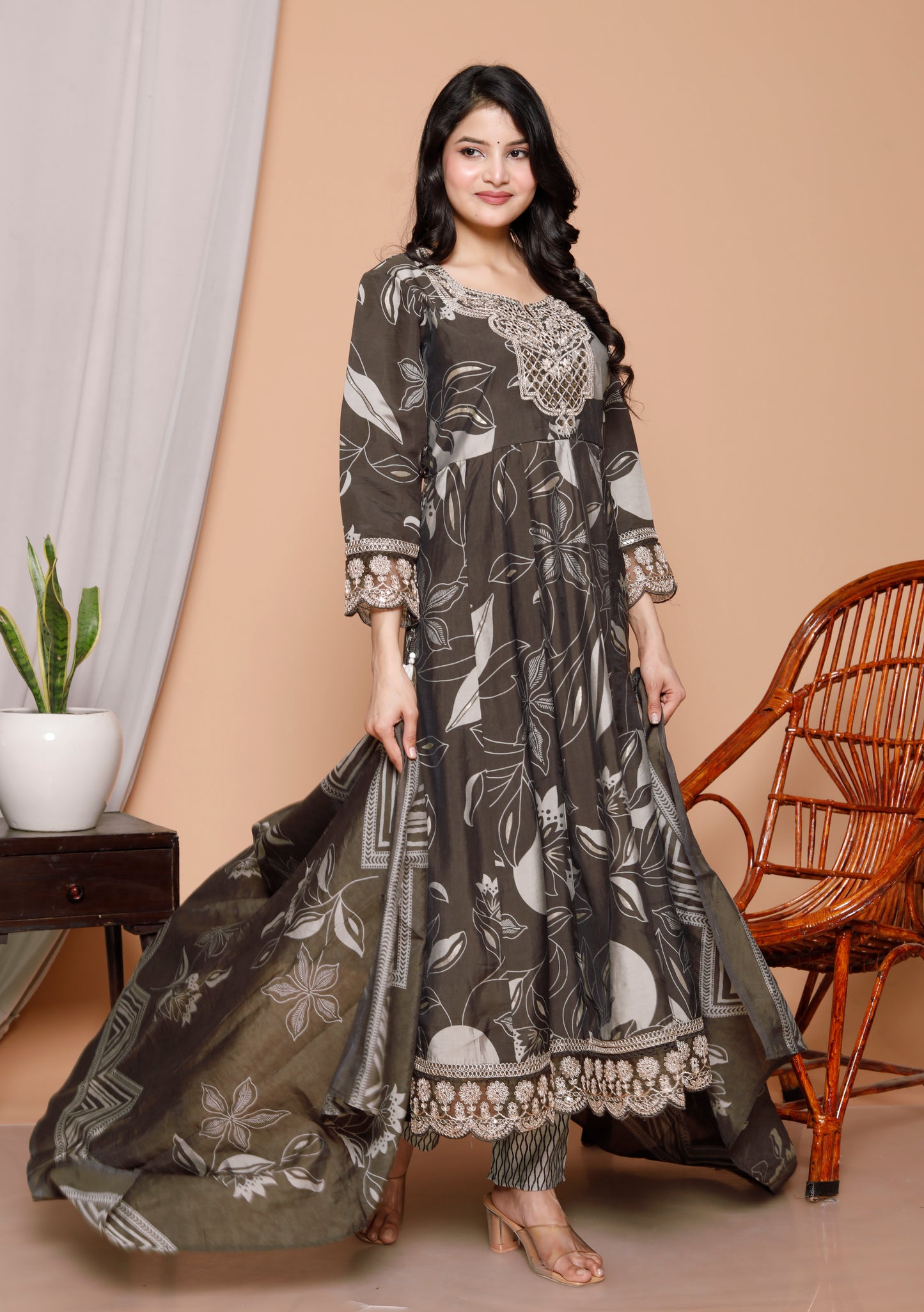 Charcoal Charm 3-Piece Jaipuri Cotton Anarkali Kurti Set
