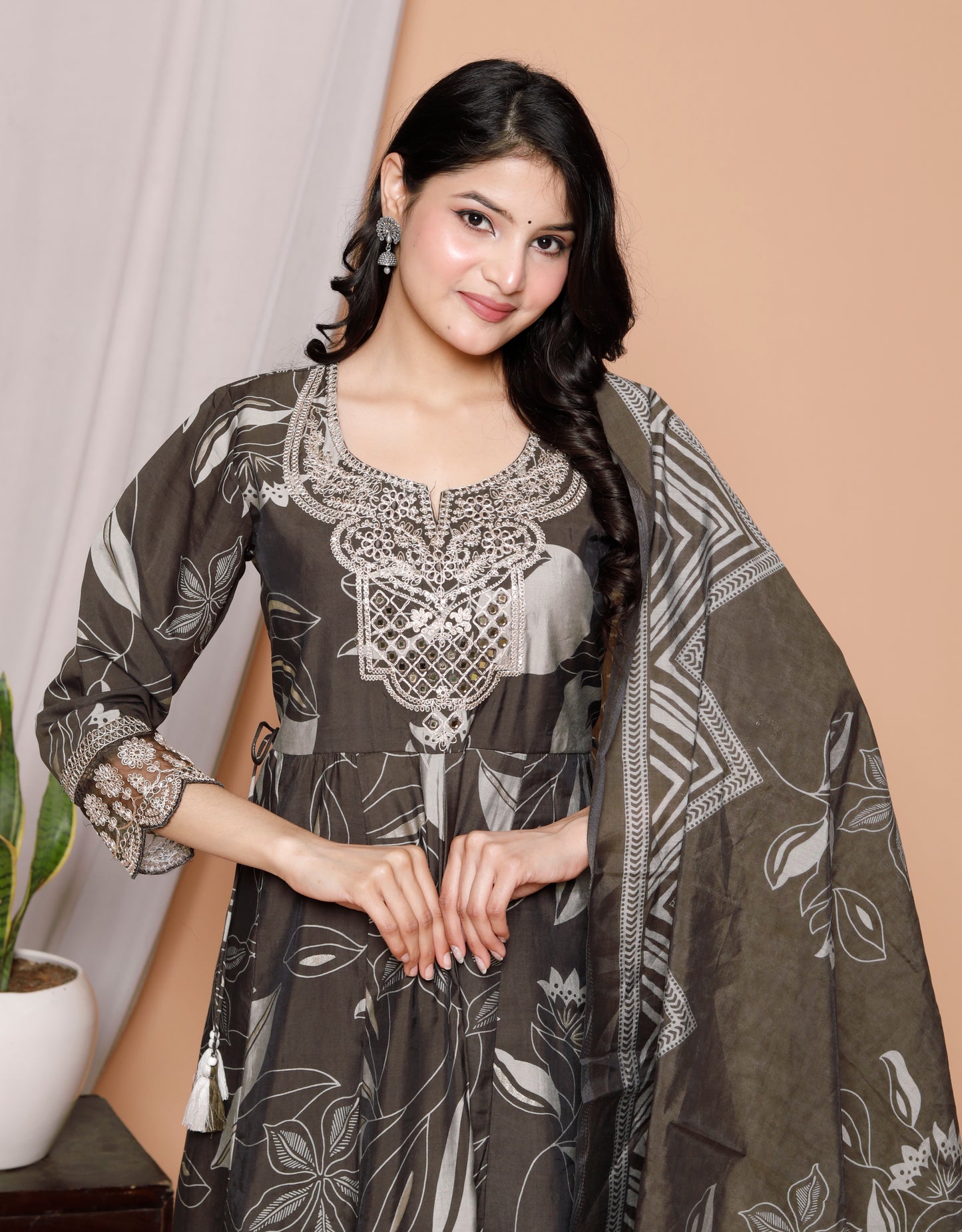 Charcoal Charm 3-Piece Jaipuri Cotton Anarkali Kurti Set