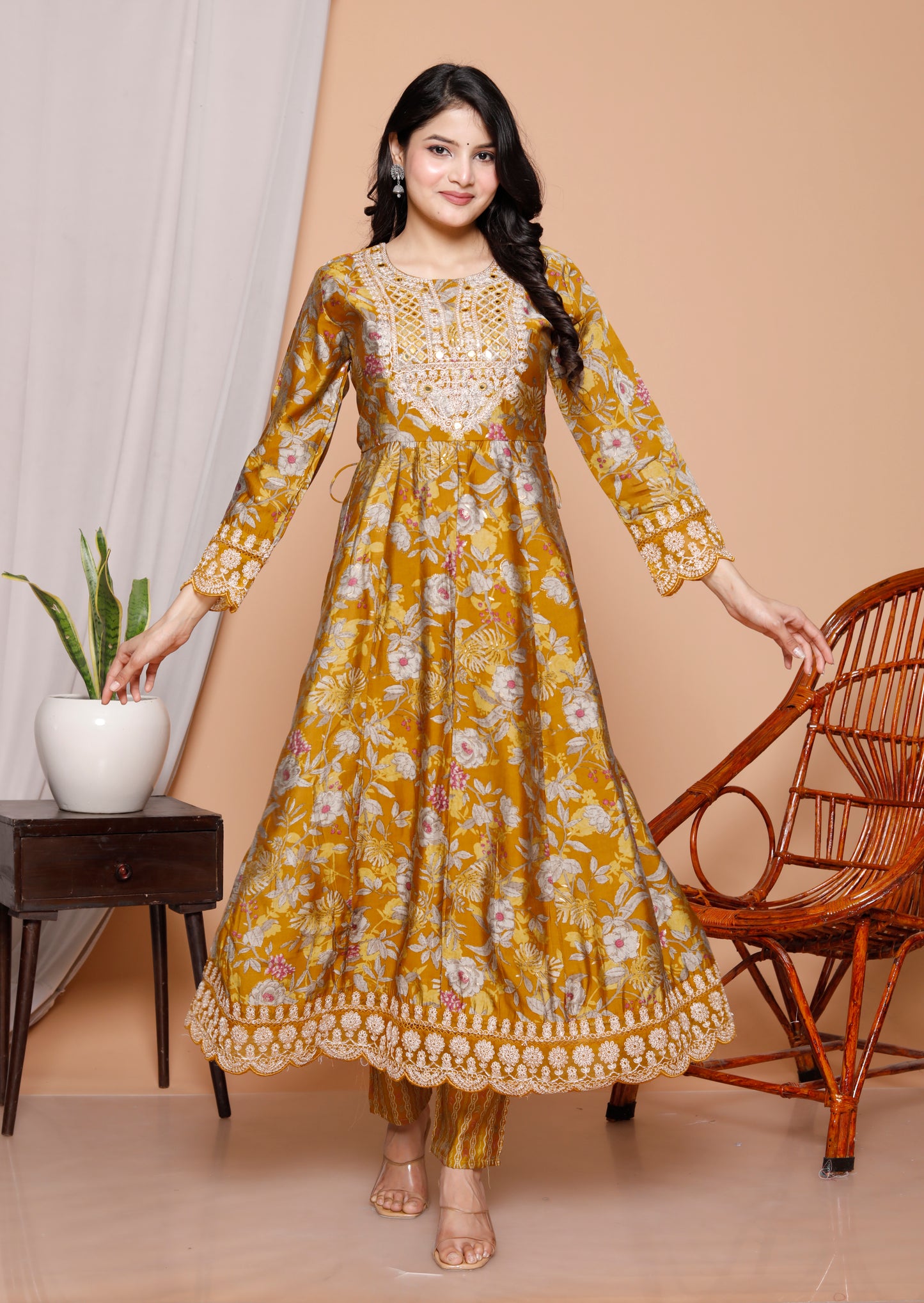 Golden Bloom 3-Piece Mustard Anarkali Kurti Set