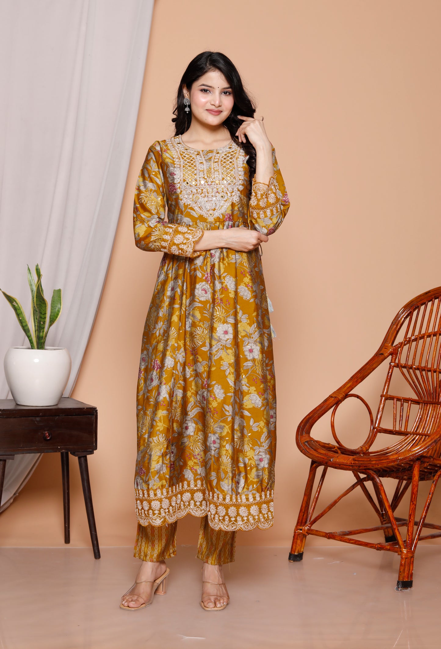 Golden Bloom 3-Piece Mustard Anarkali Kurti Set