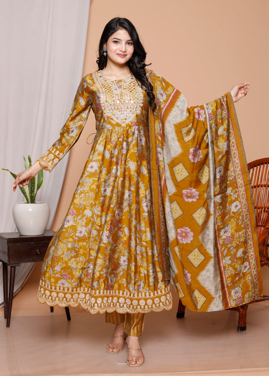 Golden Bloom 3-Piece Mustard Anarkali Kurti Set