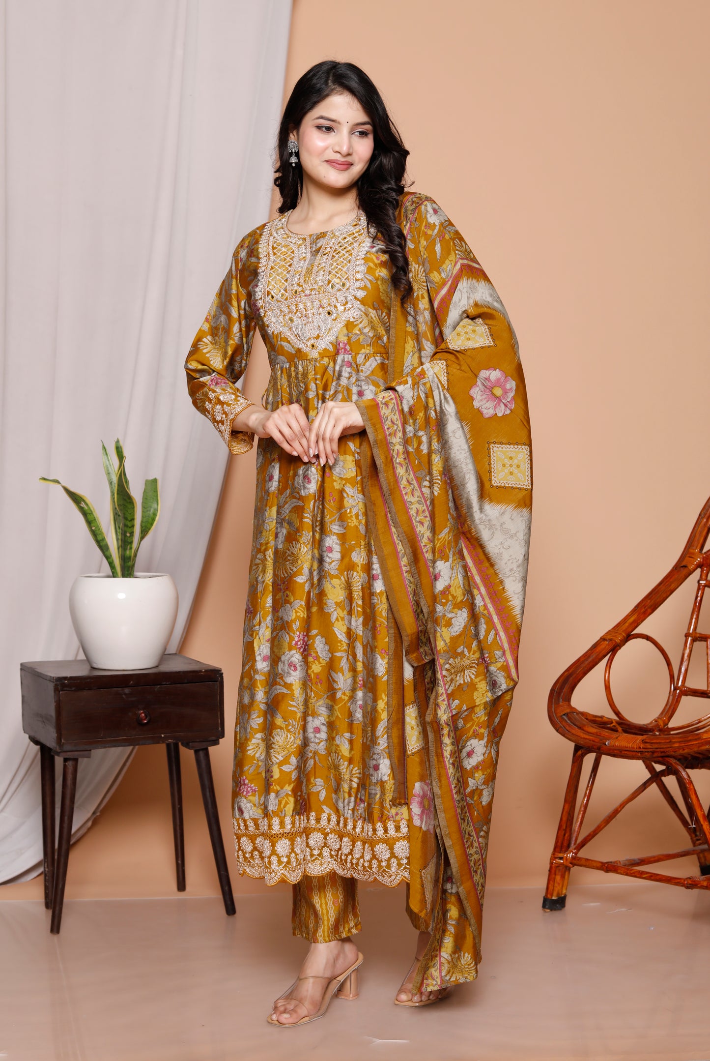 Golden Bloom 3-Piece Mustard Anarkali Kurti Set