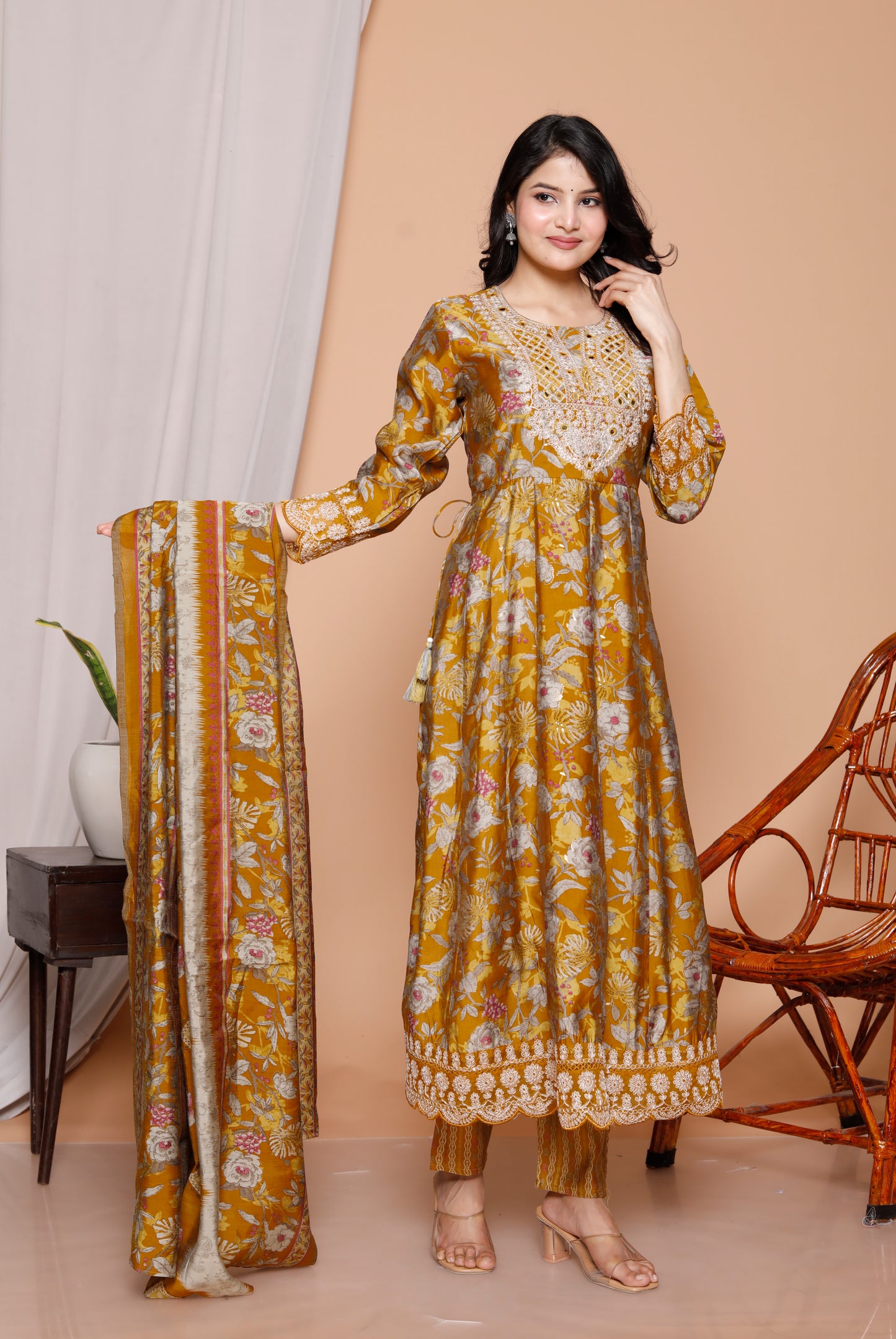 Golden Bloom 3-Piece Mustard Anarkali Kurti Set