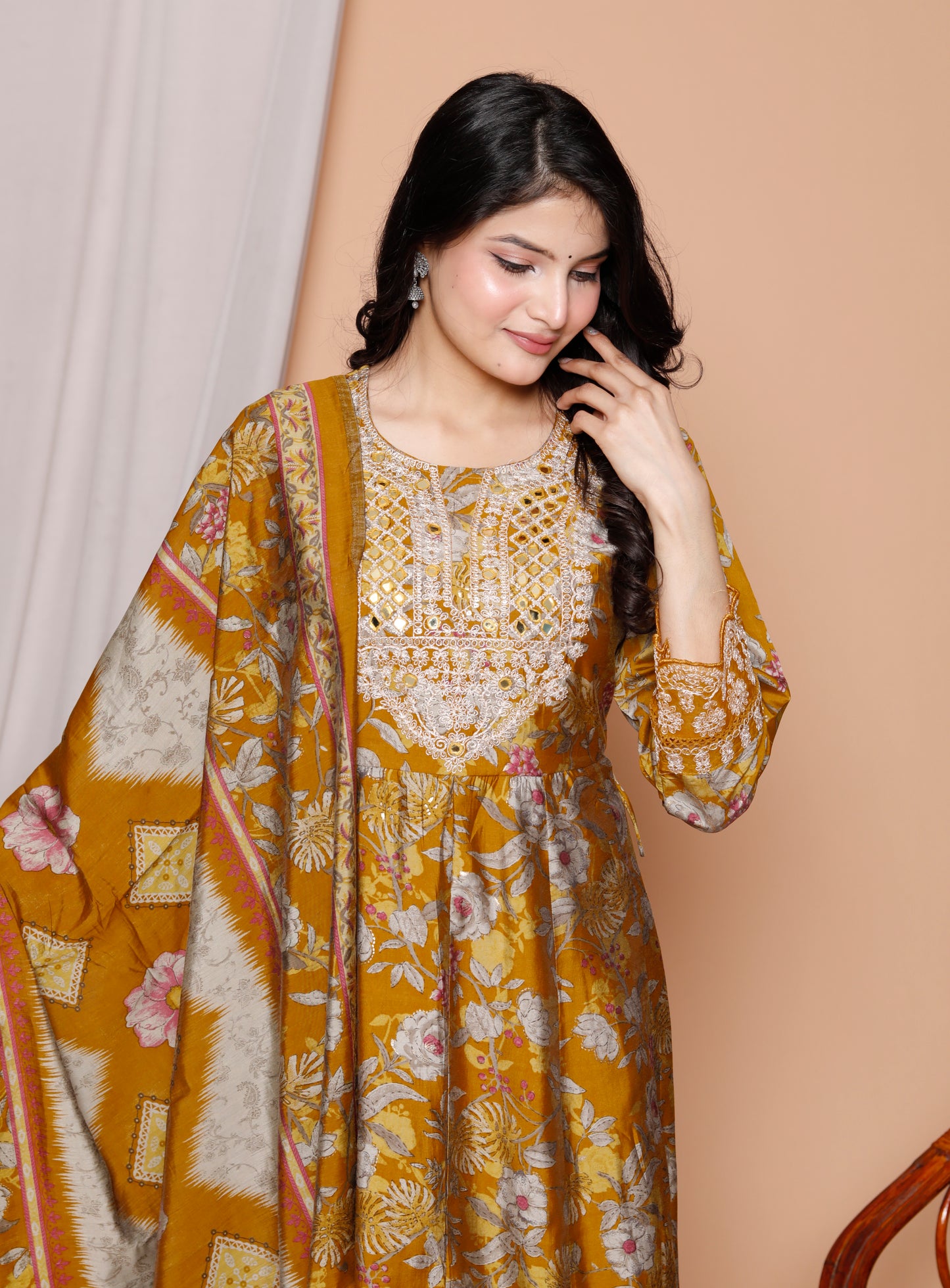 Golden Bloom 3-Piece Mustard Anarkali Kurti Set