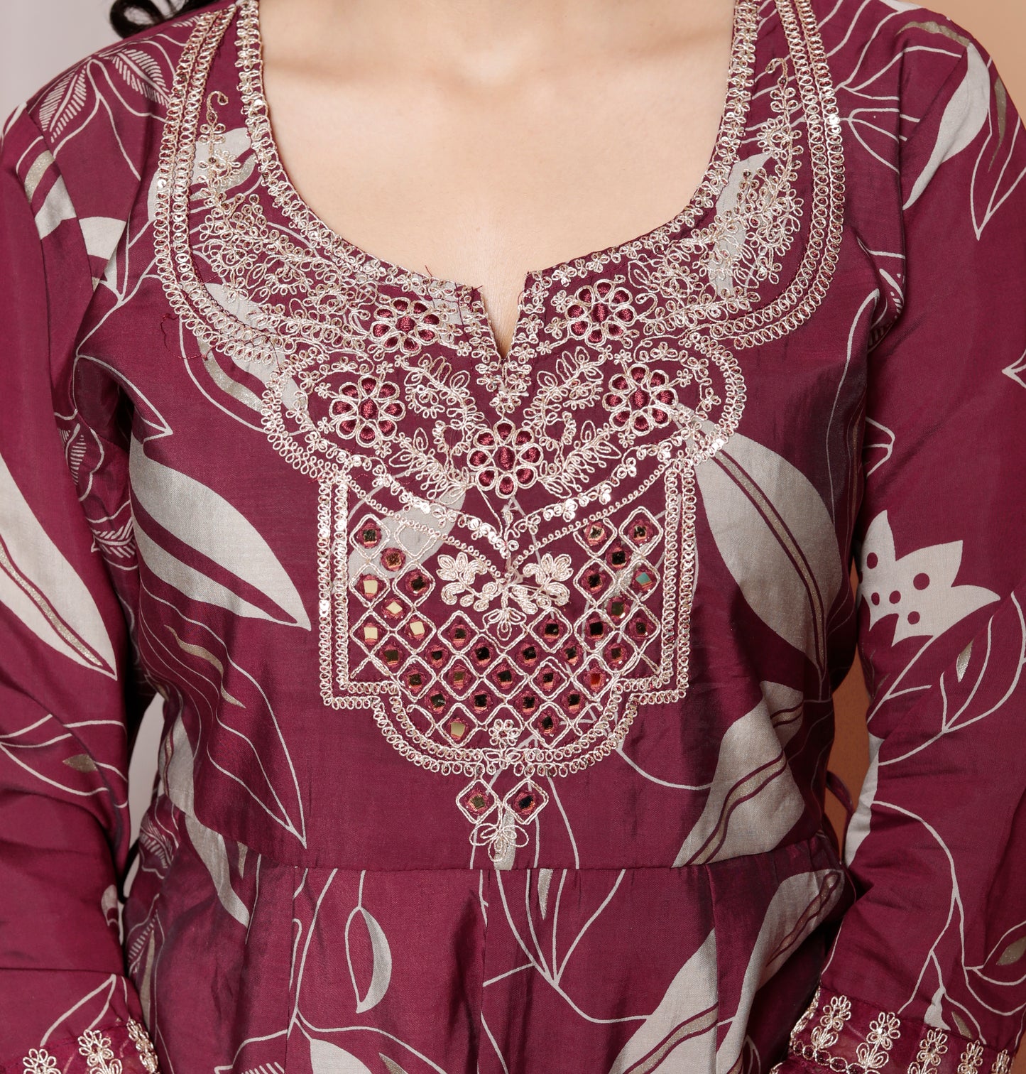 Gulab Bagh Wine Printed Anarkali Kurti Set (3-Piece)