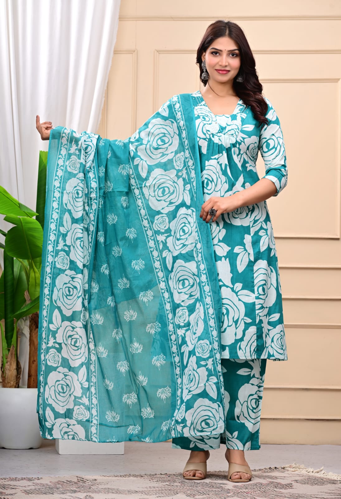 Graceful Green 3-Piece Jaipuri Cotton Kurti Set