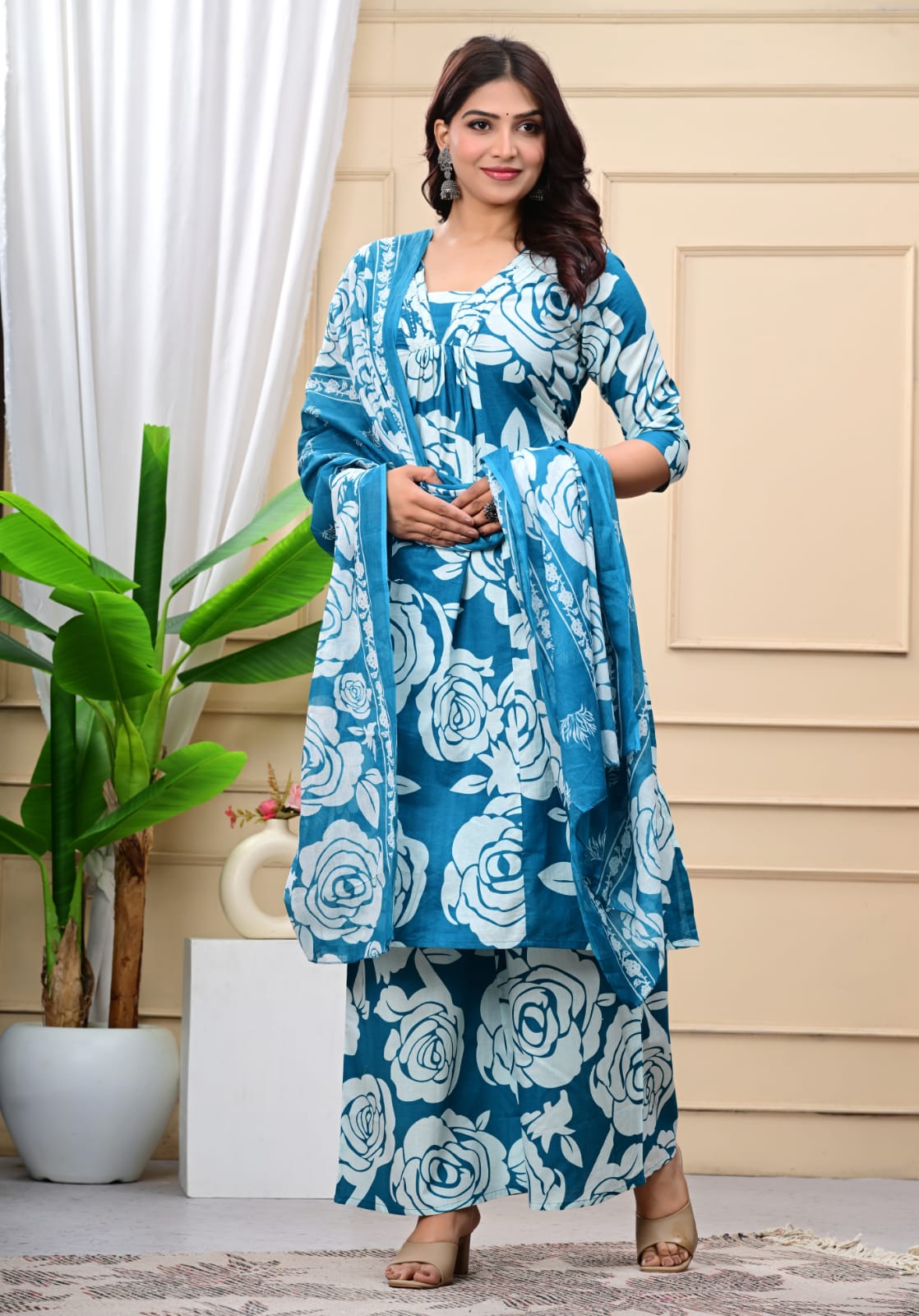 Graceful Green 3-Piece Jaipuri Cotton Kurti Set
