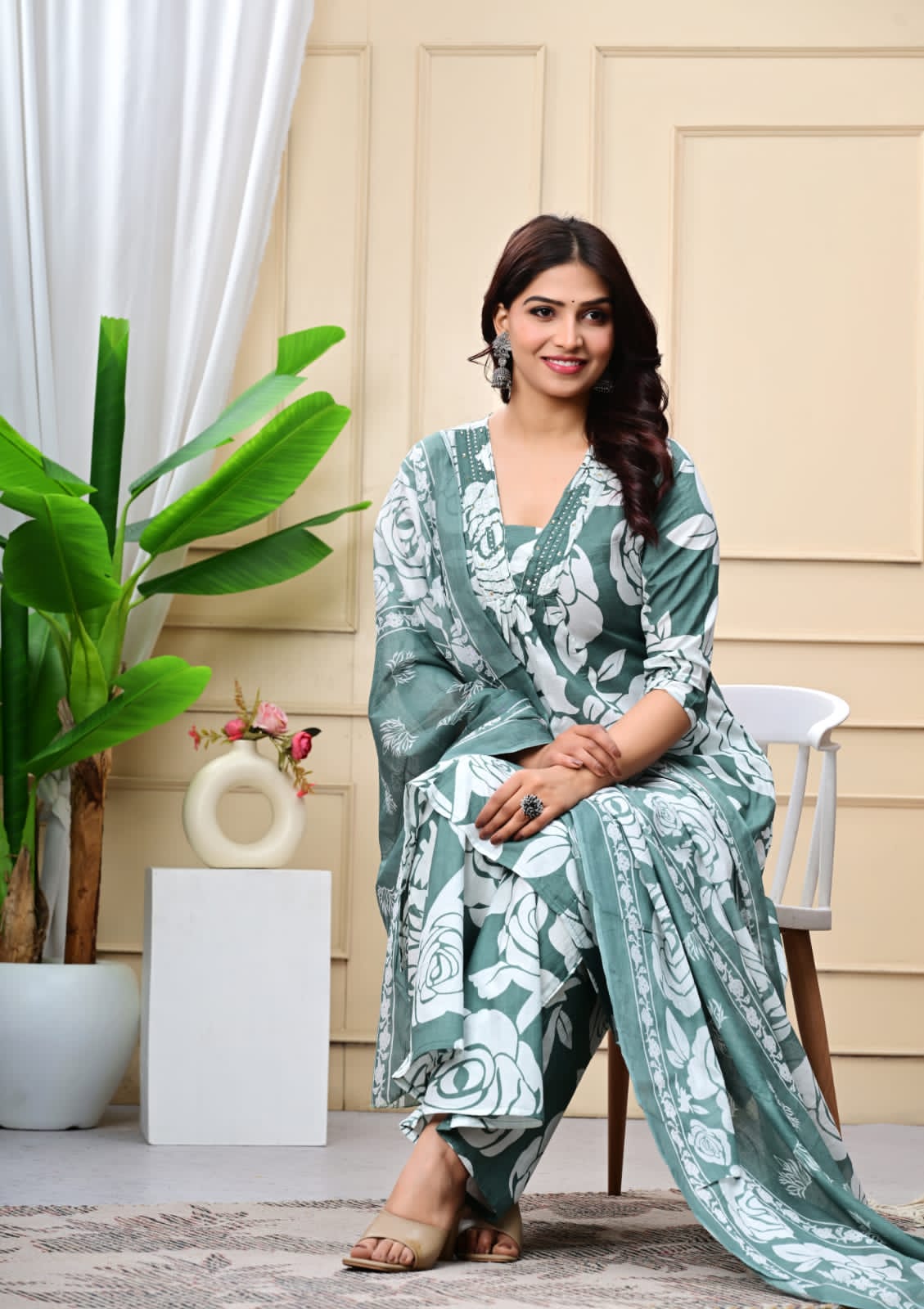 Graceful Green 3-Piece Jaipuri Cotton Kurti Set
