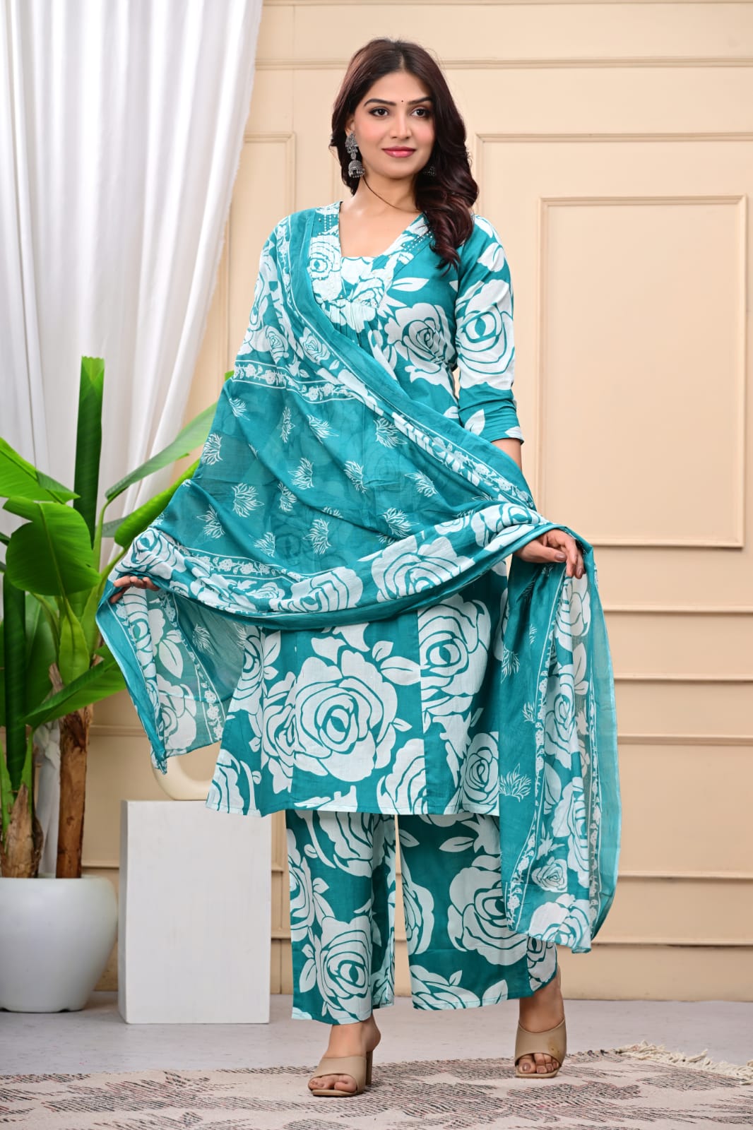 Graceful Green 3-Piece Jaipuri Cotton Kurti Set