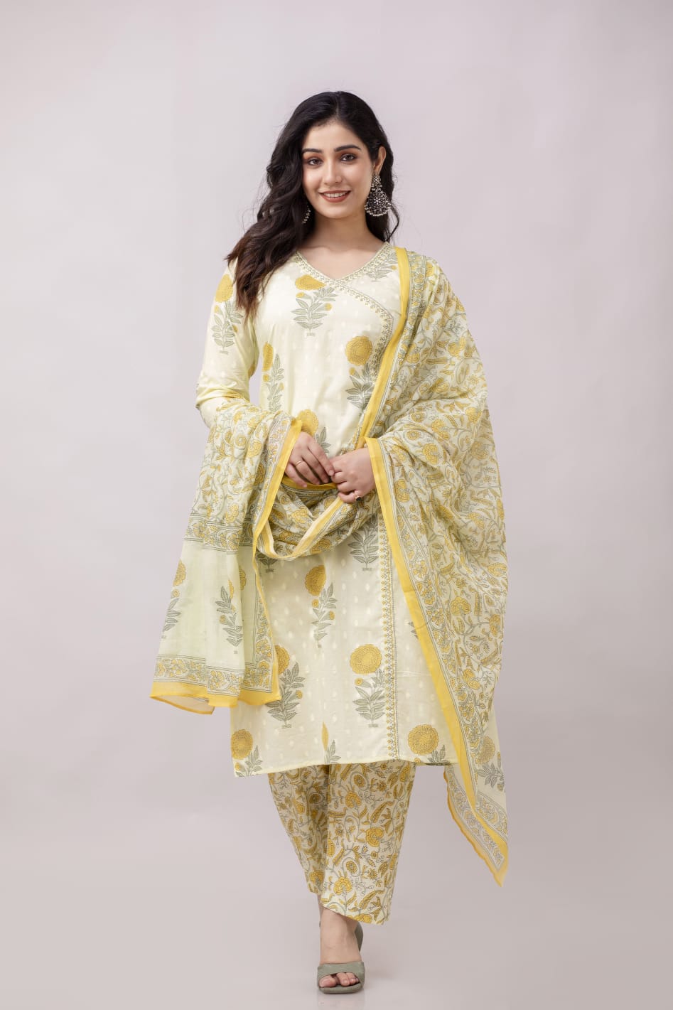 3-Piece Jaipuri Print Pure Cotton Kurti Set