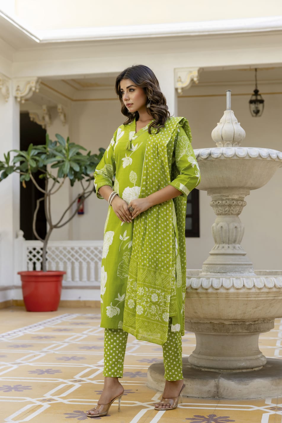 Elegant Sky Blue 3-Piece Jaipuri Print Cotton Kurti Set