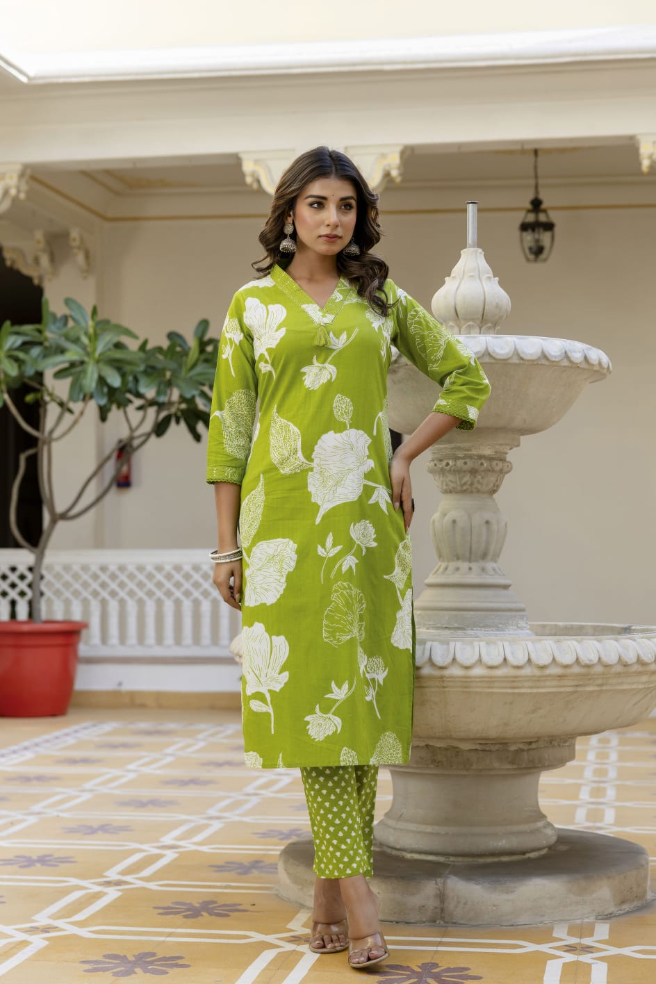Elegant Sky Blue 3-Piece Jaipuri Print Cotton Kurti Set