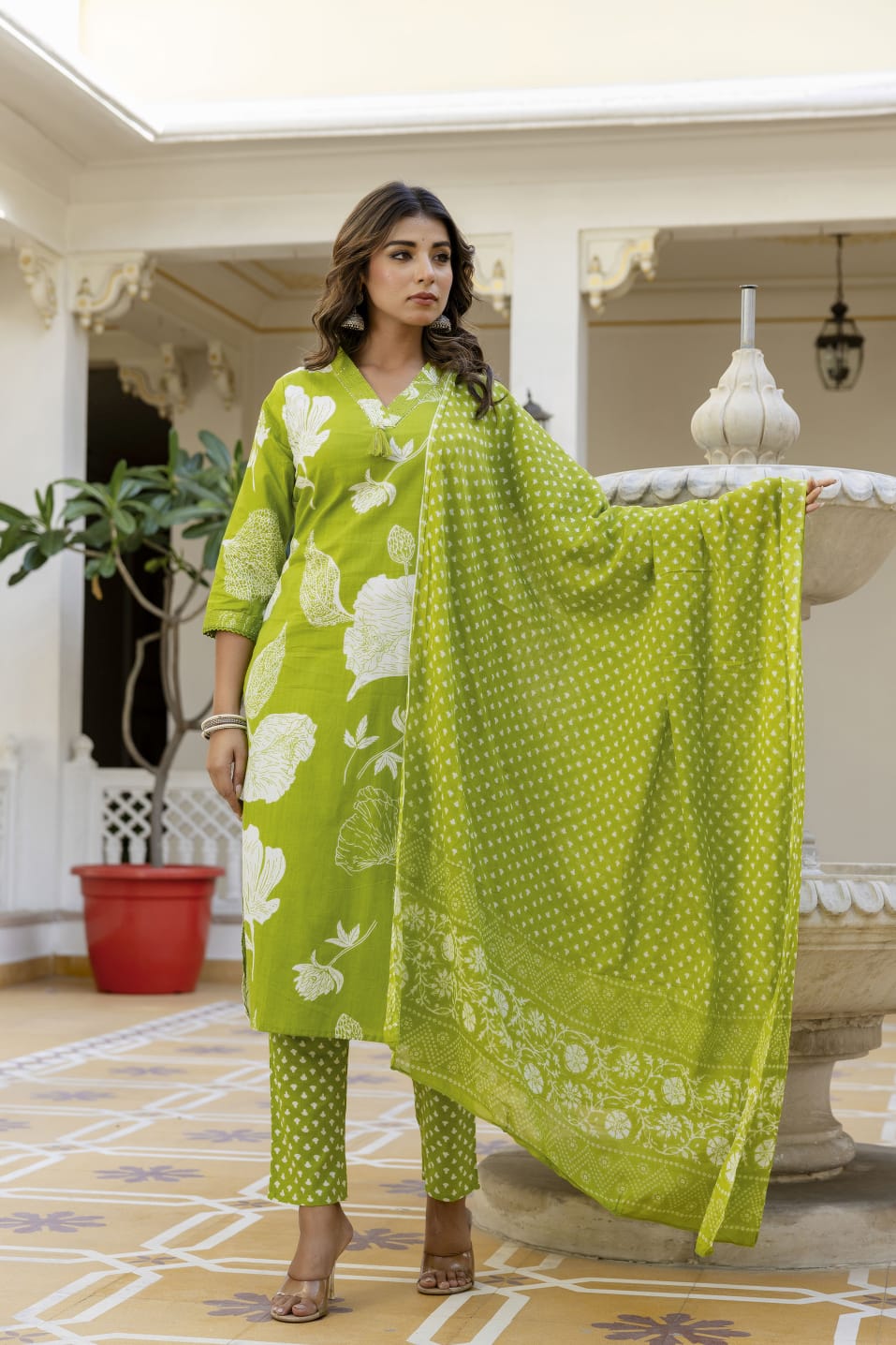 Elegant Sky Blue 3-Piece Jaipuri Print Cotton Kurti Set