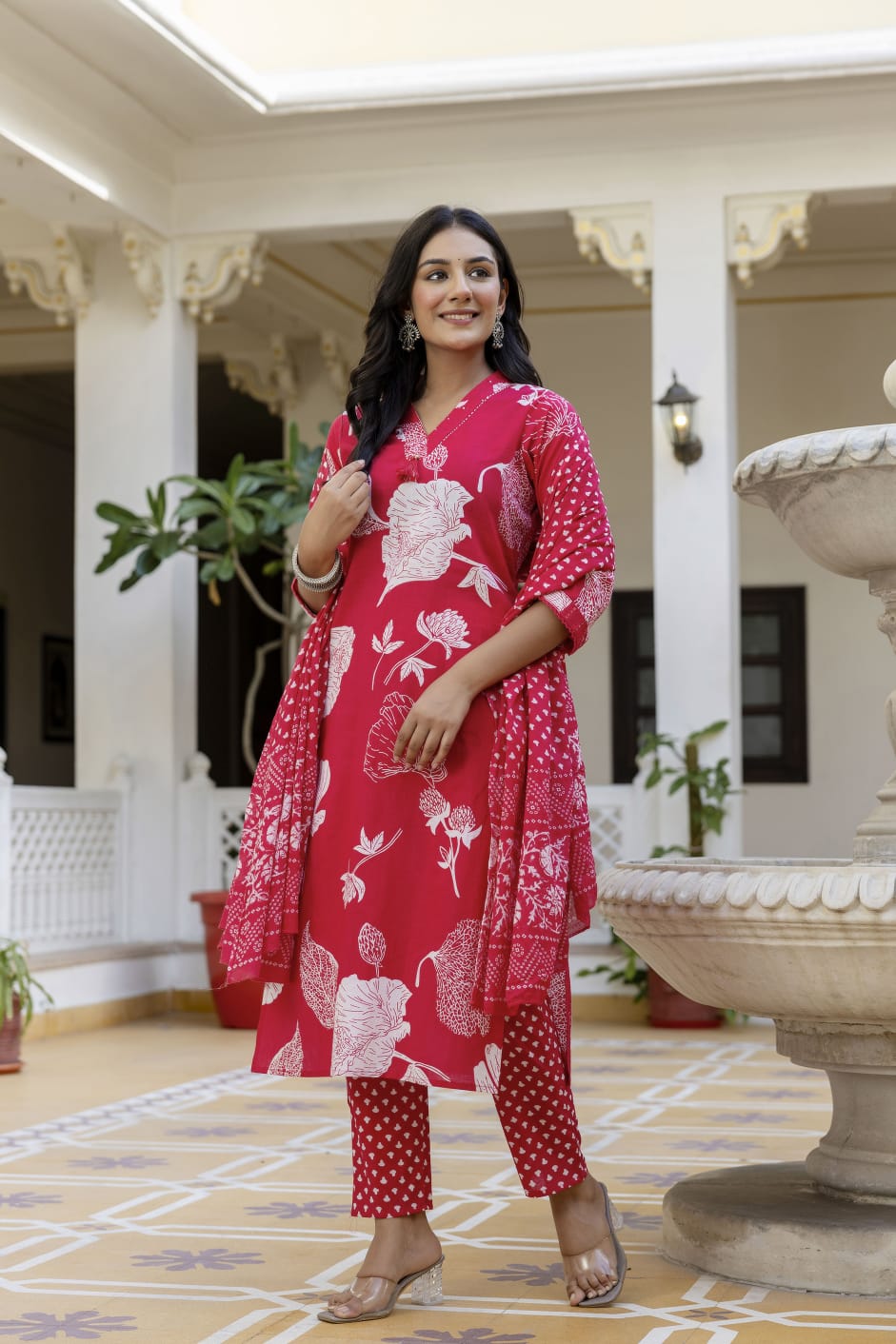 Elegant Sky Blue 3-Piece Jaipuri Print Cotton Kurti Set