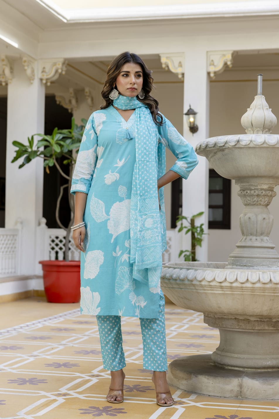 Elegant Sky Blue 3-Piece Jaipuri Print Cotton Kurti Set