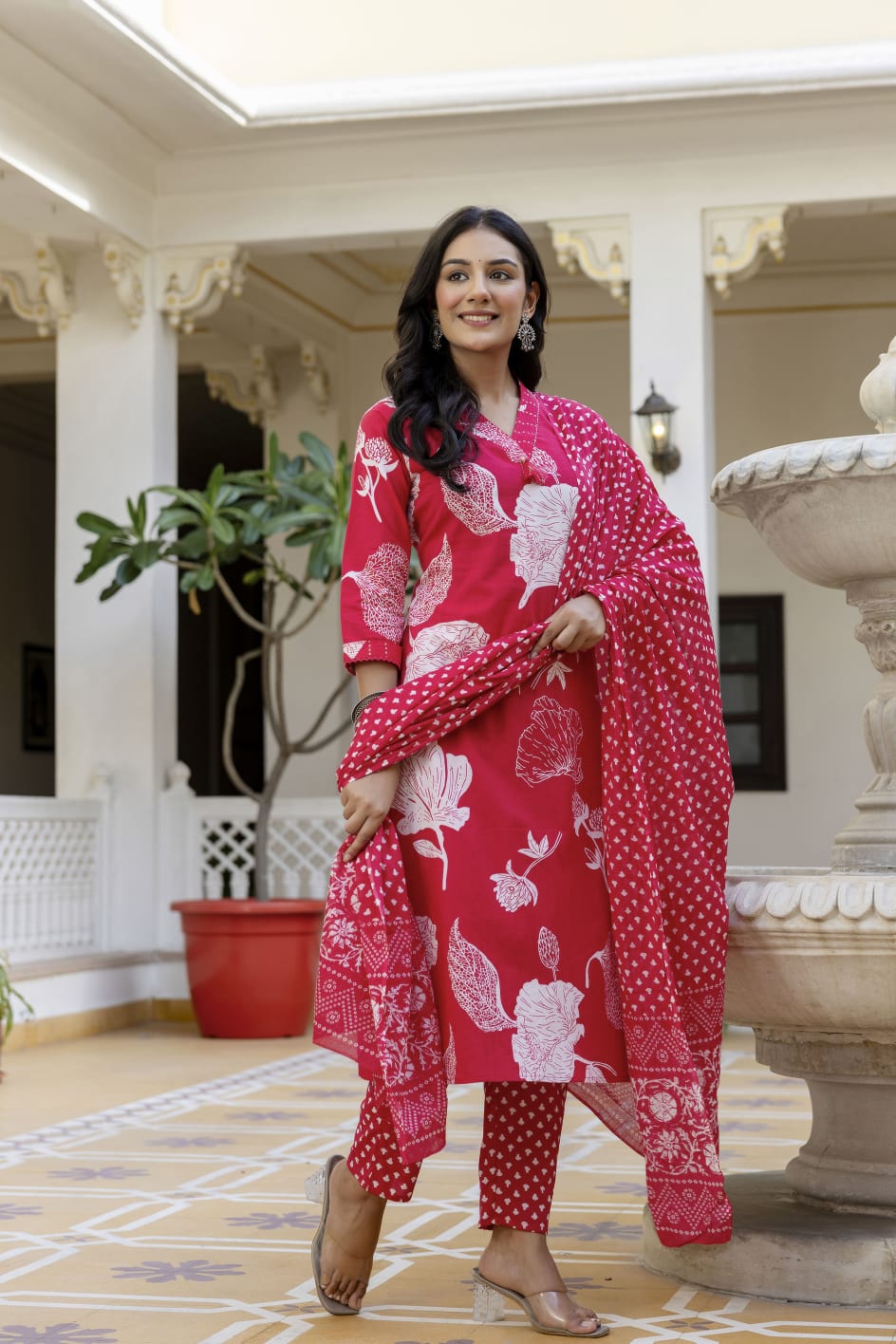 Elegant Sky Blue 3-Piece Jaipuri Print Cotton Kurti Set