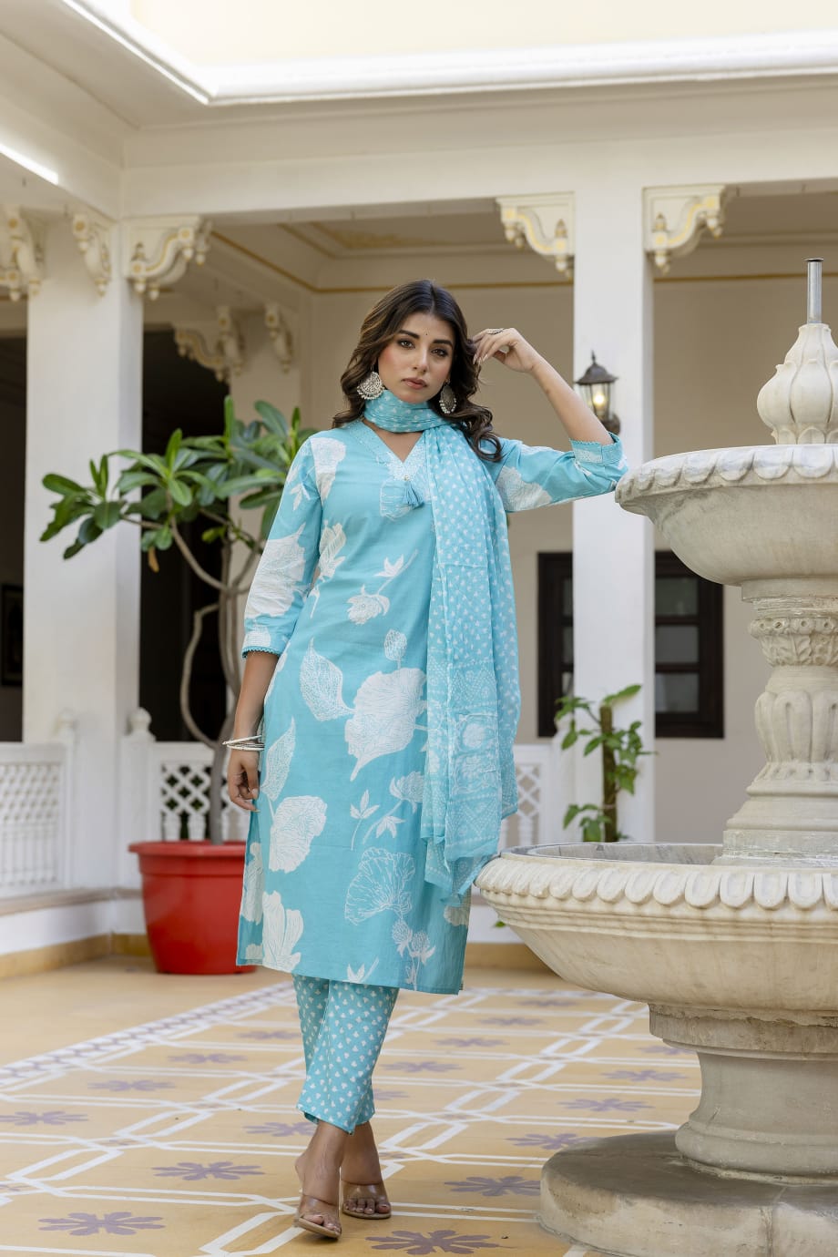 Elegant Sky Blue 3-Piece Jaipuri Print Cotton Kurti Set