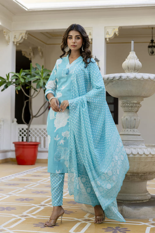 Elegant Sky Blue 3-Piece Jaipuri Print Cotton Kurti Set