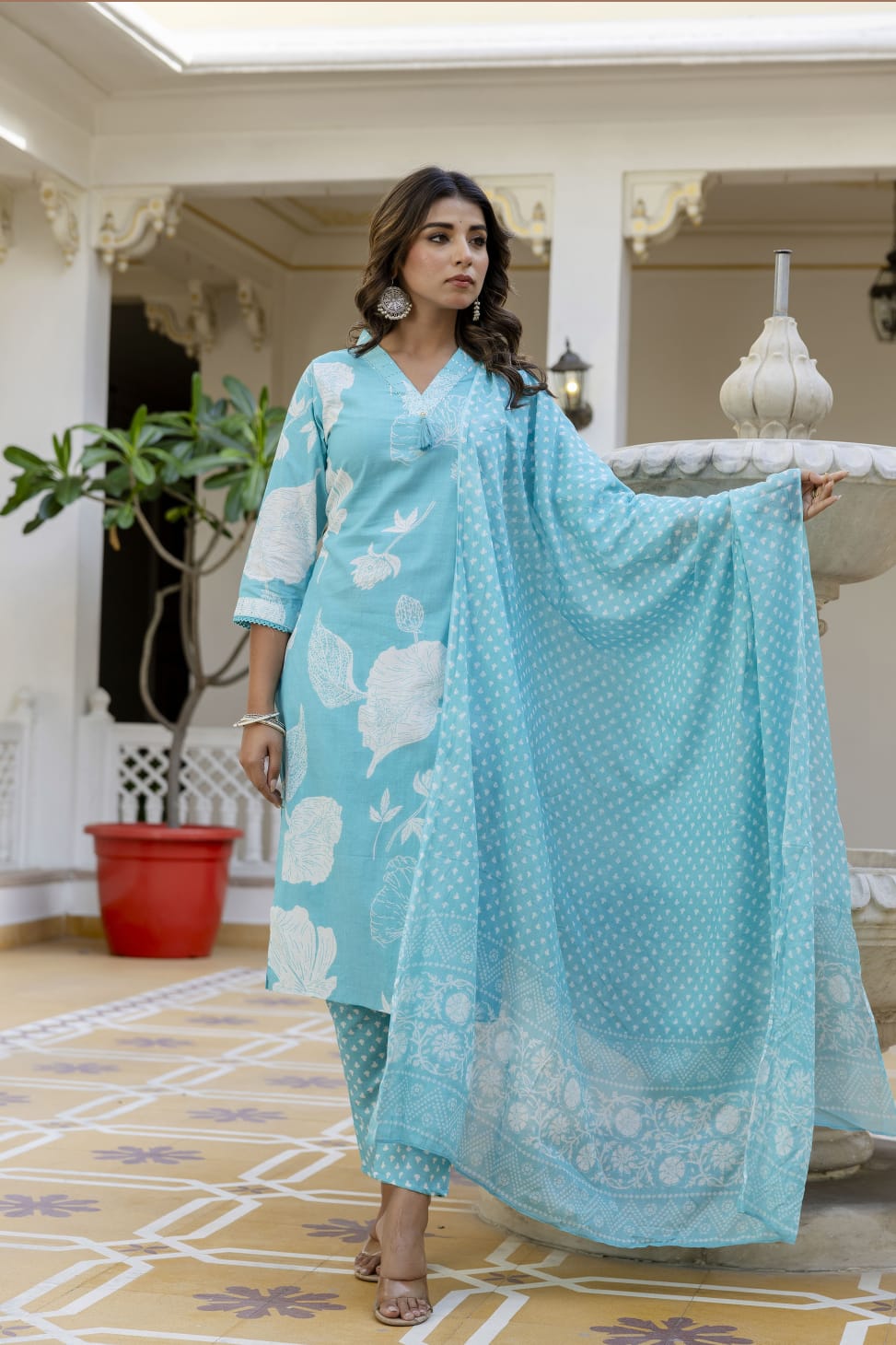 Elegant Sky Blue 3-Piece Jaipuri Print Cotton Kurti Set
