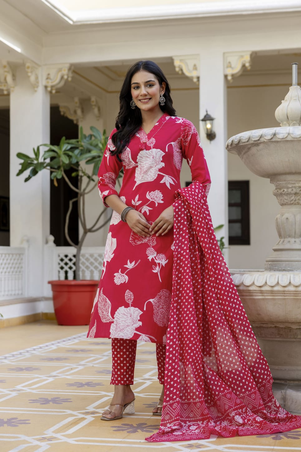 Elegant Sky Blue 3-Piece Jaipuri Print Cotton Kurti Set