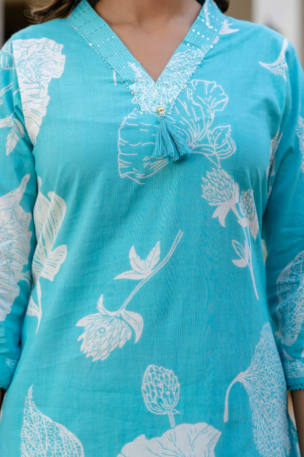 Elegant Sky Blue 3-Piece Jaipuri Print Cotton Kurti Set