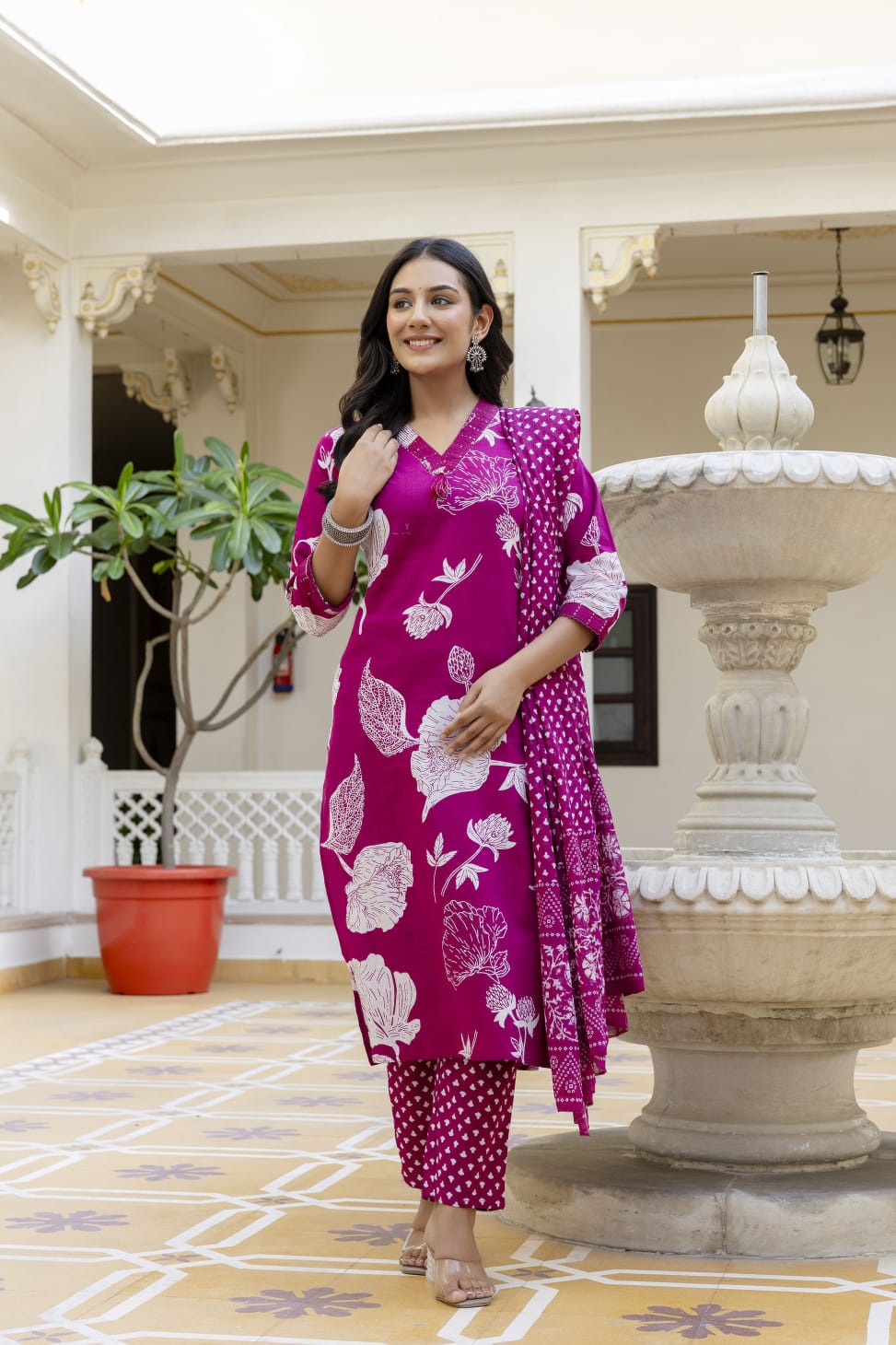Elegant Sky Blue 3-Piece Jaipuri Print Cotton Kurti Set