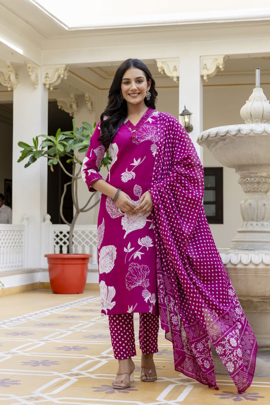 Elegant Sky Blue 3-Piece Jaipuri Print Cotton Kurti Set