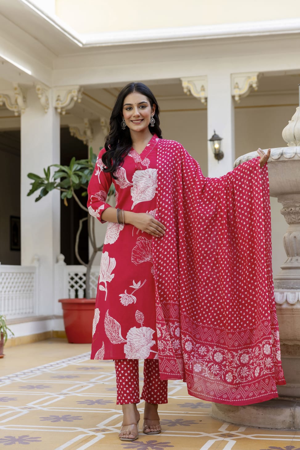 Elegant Sky Blue 3-Piece Jaipuri Print Cotton Kurti Set