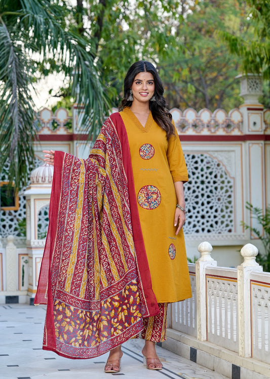 Desert Bloom Mustard Kurti Set (3-Piece)