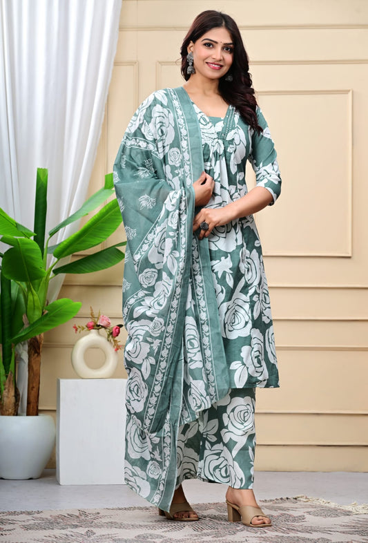 Graceful Green 3-Piece Jaipuri Cotton Kurti Set