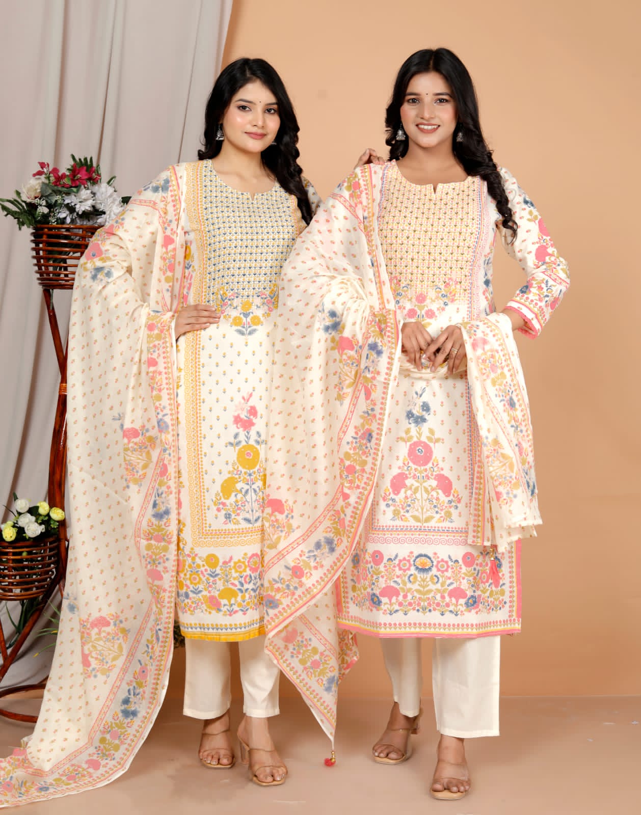 Blush Garden Cream Cotton Kurti Set (3-Piece)