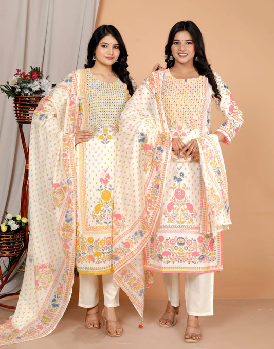 Blush Garden Cream Cotton Kurti Set (3-Piece)