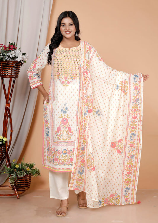 Blush Garden Cream Cotton Kurti Set (3-Piece)