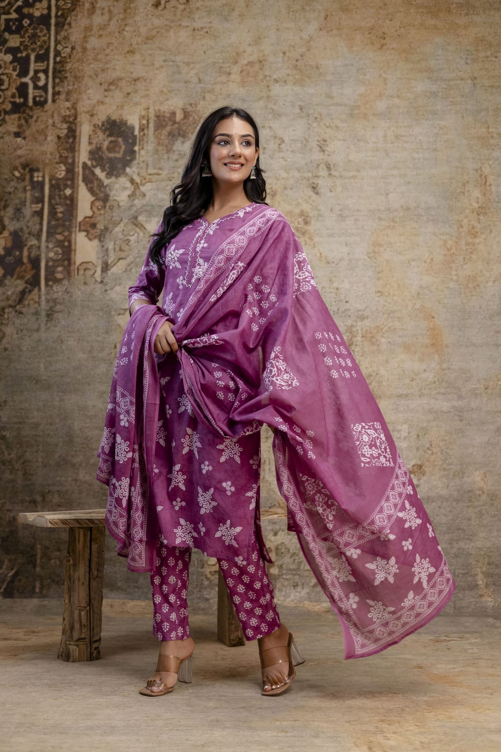 Royal Mauve Jaipuri Cotton Kurti Set (3-Piece)