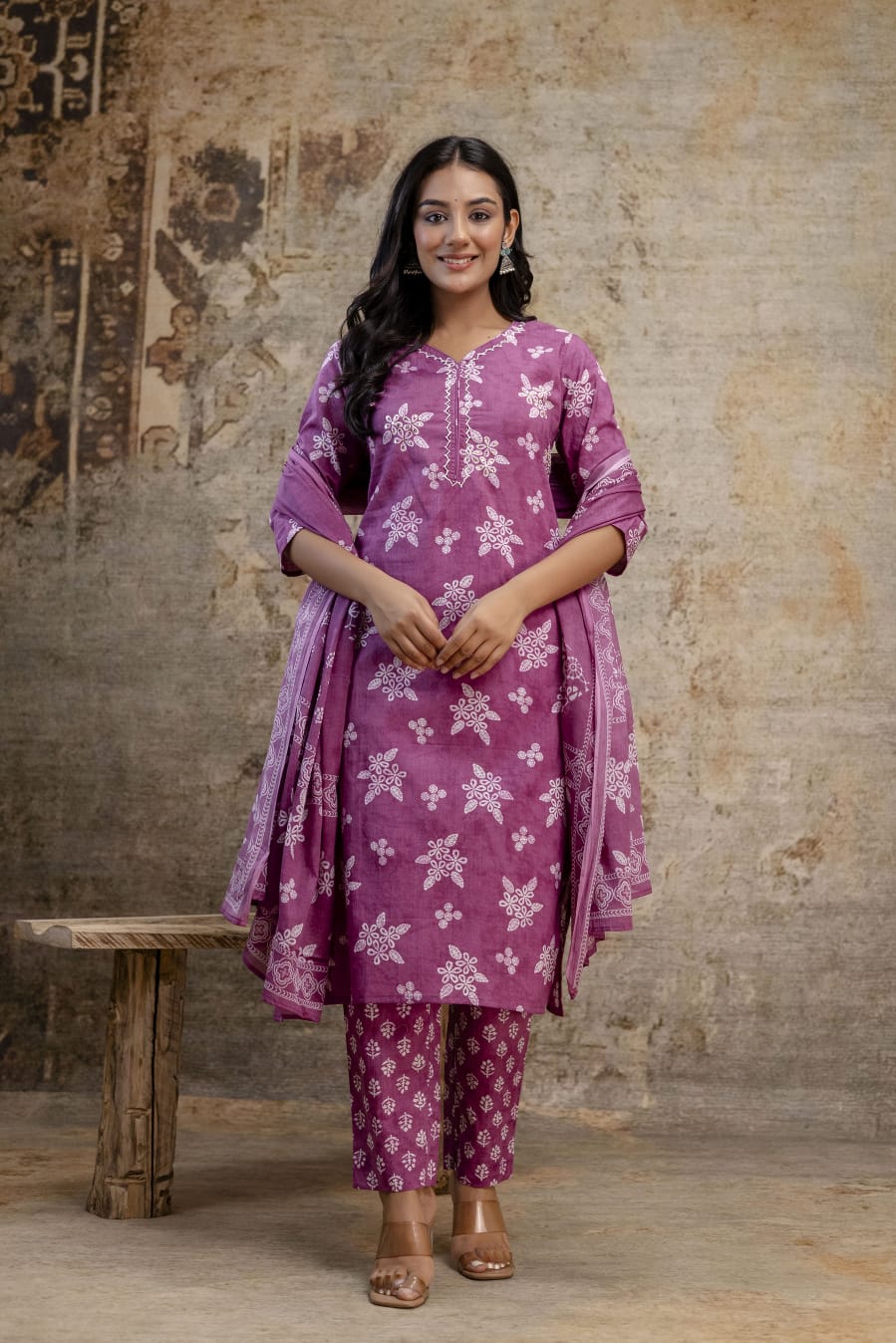 Royal Mauve Jaipuri Cotton Kurti Set (3-Piece)