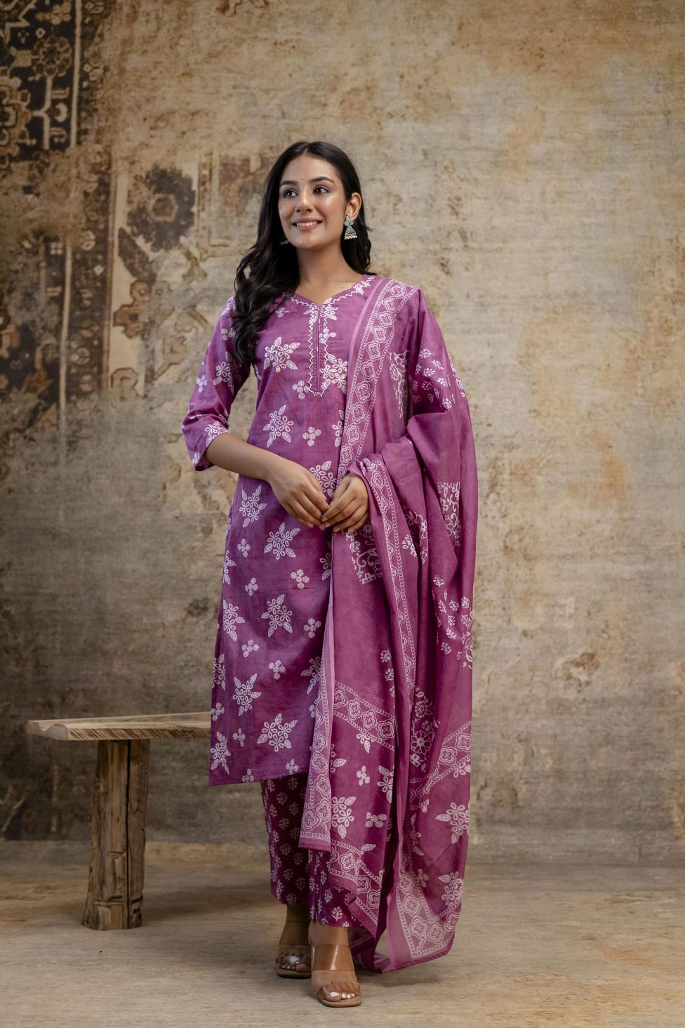 Royal Mauve Jaipuri Cotton Kurti Set (3-Piece)