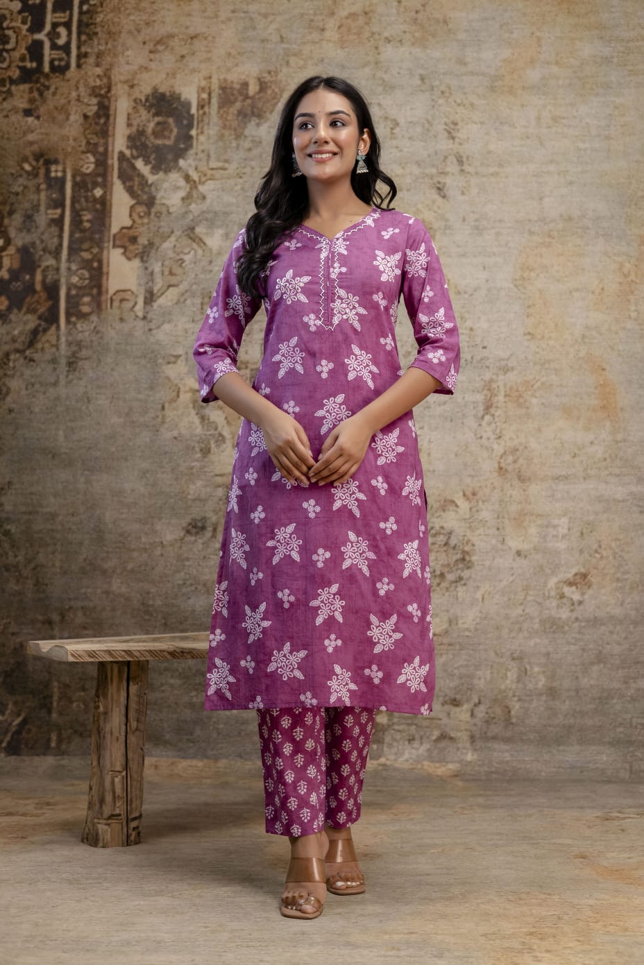 Royal Mauve Jaipuri Cotton Kurti Set (3-Piece)